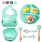 SilverStaar Baby Weaning Set, Silicone Suction Plate Baby, Suction Bowl, Spoon, Fork and Matching Bib - Super Detachable Suction Base Baby Feeding Set for Babies and Toddlers (Green)