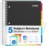 SUNEE 5 Subject Graph Paper Notebook - 400 Pages, 8.5"x11", 4x4 Graph Ruled Notebook, 5 Pocket Colored Dividers, 3-Hole Punched Paper, Black