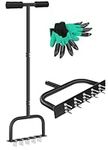 Lawn Aerator Spike, Manual Aerator Metal for Compacted Soils and Lawns with Dethatching Rake & 15 Iron Spikes Pre-Assembled Grass Aerator Tools for Yard Lawn Aeration Garden Tool