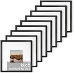 HAUS AND HUES 8x8 Black Metal Picture Frames Matted to 4x4 - Features Premium Aluminum & Hanging Hardware, Shatterproof Plexiglass - Ideal for Home, Room, Office (8x8 in, Black, Set of 9)