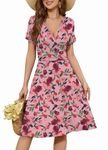 WEACZZY Women Summer Dresses 2024 Beach Cover up Casual Short Sleeve Sundresses V-Neck Cocktail Party Dress for Women with Pockets,Floral Tulip Pink,Medium