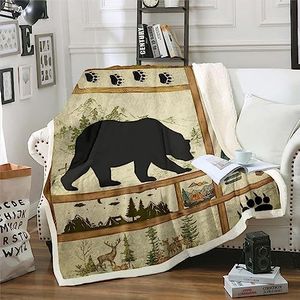 Farmhouse Hunting Bear Throw Blanket Twin, Lake House Decor Fleece Blanket, Retro Woodland Lake Paddle Bed Blanket, Deer Moose Wildlife Fuzzy Blanket, Rustic Buffalo Grid Sherpa Blanket Cabin Decor