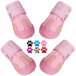 QUMY Dog Boots Waterproof Shoes for Dogs with Reflective Strape Rugged Anti-Slip Sole Black 4PCS (size 7: 3.1"x2.7"(L*W), Pink)