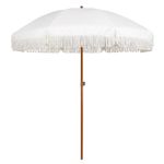 AMMSUN 7ft Patio Umbrella with Fringe, Easy to Set Up, Push Button Tilt, UV 50+ Protection, Outdoor Umbrella with Tassels for Backyard, Pool, Garden, Beach Party, White Cream