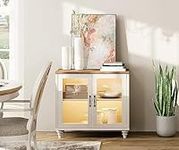 WAMPAT Kitchen Sideboard Buffet Cabinet with Storage, Accent Cupboard with Glass Door & Adjustable Shelf, Glass Display Cabinet with LED Light, Console Table for Living Room & Dining Room, Off White