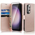 MONASAY Vegan Leather Fit for Galaxy S24 5G Wallet Case, [Lens & Glass Screen Protector Included][RFID Blocking] Flip Folio Cell Phone Cover with Credit Card Holder, 6.2 inch, Rosegold