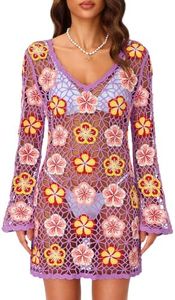 FAIRY SEASON Womens Crochet Beach Bikini Cover Up Dress Hawaiian 3D Hibiscus Vacation Outfit Boho Bell Sleeve Swim Coverup