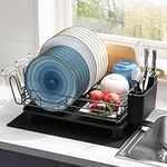 Qienrrae Dish Racks with Drain Board - Dish Drying Rack - Durable Stainless Steel Dish Drainer for Compact Kitchen with Cup Holder, Utensil Holder, Extra Drying Mat, Color Black