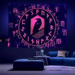 Norse Viking Red Blacklight Tapestry UV Reactive Raven Meditation Runes Neon tapastry's wall hanging Black Light Posters Glow In the Dark Tapestries Aesthetic for Bedroom Room Decor 59" x 51"