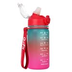 BuildLife School Water Bottle,Kids Water Bottles with Straw and Time Markings, BPA Free 450ml Small Water Bottle,Leakproof Water Bottle, Dishwasher Safe Sports Water Bottle (Green Pink)