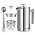 VonShef 6 Cup Cafetiere, Stainless Steel 800ml Double Walled French Press with Measuring Spoon/Bag Seal, Dishwasher Safe Filter Coffee Maker with Plunger