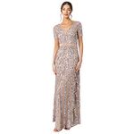 Maya Deluxe Women's Maxi Ladies Embellished Sequin Dress Long Short Sleeve V Neck High Empire Waist A Cut Shiny Prom Wedding Bridesmaid, Taupe, 18