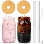 ANOTION Mason Jar with Lid and Straw, 32oz Wide Mouth Cup Reusable Drinking Glasses Tumbler Smoothie Water Bottles for Iced Coffee Margaritas Ice Cream Juice Cocktail Travel Office Home