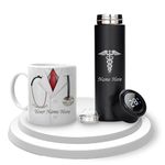 SAVRI Personalized Doctor's Drinkware Combo:Temp Black Bottle with Doctor Logo & Doc Theme Coffee Mug-Customized with Your Name.Best Gift Set for Medical Professionals on Graduations & Appreciation