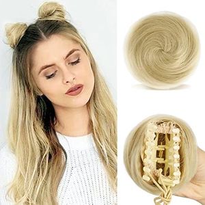 SOFEIYAN 2PCS Mini Claw Clip in Hair Bun Messy Cat Ears Hair Bun Extension Synthetic Donut Wig Accessory Updo Space Bun Hair Pieces for Women Girls, Golden/Bleach Blonde Mix