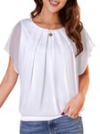 WANGZHI Women's Loose Casual Short Sleeve Front Pleated Chiffon Top T-Shirt Blouse (White-XL)