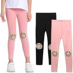 EASTBUDDY Girls Leggings with Smile Face Pattern Kids Pants Full Length Cotton Leggings for Girls Toddler 2 Pack 6-7 Years Black+Pink