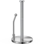 SMARTAKE Paper Towel Holder, Paper Towel Dispenser Standing Weighted Base Non Slip, Spring Arm for Easy Tear, Stainless Steel Paper Towel Holder for Home Kitchen Countertop Tabletop, Silver