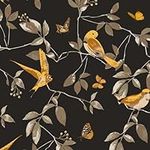 VOLEAAR Vintage Bird Contact Paper Leaf Peel Stick Wallpaper Boho Removable Repasted Vinyl Waterproof PVC DIY Stick on Countertop Cabinet Walls Dark Grey Gold Yellow 44.5CM x 300CM