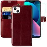 MONASAY Wallet Case Fit for Apple iPhone 14 Plus/15 Plus 5G,[Glass Screen Protector Included] [RFID Blocking] Flip Folio Leather Cell Phone Cover with Credit Card Holder, 6.7-inch, Burgundy