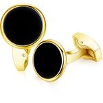 HONEY BEAR Round White Sea Shell/Black Onyx Agate Stone Cufflinks - Stainless Steel for Men's Shirt Wedding Business Gift (Gold with Black Onyx)