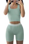 Women's 2 Piece Casual Workout Outfits Ribbed Knitted Yoga Tank Top High Waist Leggings Tracksuit Active Wear Sets, Top and Short：sage, Large