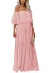 HOYISHION Women's Off The Shoulder Floral Lace Maxi Dress White Bridesmaid Wedding Party Maternity Photoshoot Long Dresses, Pink, Medium