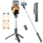 Selfie Stick Tripod with Fill Light, Extendable Selfie Stick & Flexible Phone Tripod Stand with Wireless Remote, Compatible with iPhone/Samsung, etc.