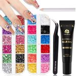 UNA GELLA Nail Art Rhinestone Glue Gel & 2000+Pcs 3D Charms Accessories Kit, 1 Pcs of 15g Rhinestone Art Glue Gel (UV/LED Needed), 3D Flowers Nail Decors Colorful Gems with Pickup Pencil And Tweezer