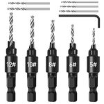 Countersink Drill Bit Set, 5Pcs Quick Change 1/4" Hex Shank Adjustable Countersink Set, 5pcs Free Replaceable Drill Bits with One Hex Wrench, Woodworking Countersink Drill Bits