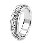 Fidget Ring - 925 Sterling Silver Anxiety Rings - Spinner Rings for Women & Men - 360° Spinning Rotatable Ring to Relieve Stress & Worry - Floral Vine Design - Platinum Plated - Size O