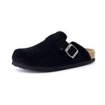 CUSHIONAIRE Hana Slip-On Buckle Clog with Cork Footbed +Memory Foam, Wide Widths Available, Black Corduroy, 6