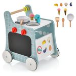 COSTWAY 6-in-1 Wooden Baby Walker, Toddler Push and Pull Learning Activity Center with Wheels, Teaching Clock, Shape Matching & Movable Slider, Pretend Play Kitchen for 12 Months + (Blue)