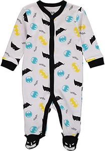 DC Comics Batman Baby Boy Romper with Footie Sleeper Printed Coverall (White/Yellow, 3-6 Months)