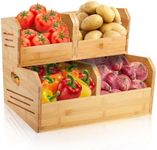 Noamus 2 Tier Bamboo Stackable Storage Bins, 4 Compartment Potato and Onion Storage Baskets, Pantry Organizer Holder with Handle, Open Front Kitchen Fruit Containers for Fruit Bread Vegetable Garlic