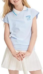 Barry Banny Girls V-Neck Blue Polo Shirt Preppy Summer Collared Top Tennis Golf Pickleball Shirt for Girls 5-15Y
