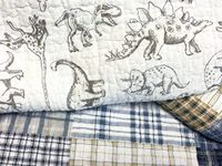 Cozy Line Home Fashions Jurassic Park Dinosaur Benjamin Plaid Print Pattern Navy Blue White Grey Bedding Quilt Set Reversible Coverlet Bedspread 100% Cotton Gifts for Kids Boy(Queen - 3 Piece)