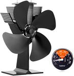 GALAFIRE 4-Blades Heat Powered Wood Stove Fan + Magnetic Thermometer, 122°F Start Non Electric Eco Fireplace Fan for Gas/Pellet/Log/Wood Burning Stoves, Silent Operation, 2-Years, N430, Black