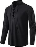 ZUXOLG Mens Linen Cotton Shirt Long Sleeve Mandarin Collar Laca Up V Neck Tops Black 2XL