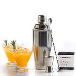 750mL Cocktail Shaker Set: 5pc Cocktail Making Set w/Built-in Cocktail Strainer, 2 Martini Glasses, Jigger, Bar Spoon & Cocktail Kit Book - Stainless Steel Cocktail Set w/Cocktail Shakers - Cresimo