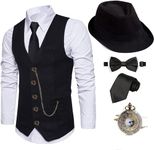 1920s Costume Accessories Set for Men - Fedora Hat,Gatsby Gangster Vest,Vintage Pocket Watch,Plastic Cigar,Pre Tied Bow Tie,Tie,XL