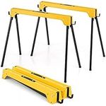 COSTWAY Folding Saw Horse Twin Pack, Heavy Duty Work Bench with Footpads and Convenient Handle, Fully Assembled Metal Trestle Stands Sawhorse for Sawing Work, Max Load 454kg (Yellow)