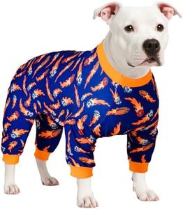 LovinPet Jammies for Pitbulls, Lightweight Stretchy Fabric, Ball Print, Post Surgery Dog Onesie, UV Protection, Pet Pajamas for Dogs, Easy to Wear Adorable Dog Jumpsuit, Blue M