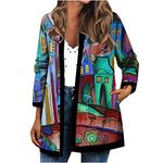 AMhomely Women's Jacket Cardigan Coat Round Neck Printed Pocket Loose Long Sleeve Baggy Outwear Ladies Vintage Blouse Top for Women Festival Clothes, 03 Blue, M