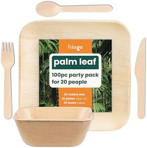 HAAGO 100-Piece Eco Tableware Set: 22cm Square Plates, 450ml Square Bowls, Birchwood Cutlery - Eco-Friendly Like Wooden & Bamboo Plates for Hot & Cold Food, Microwave & Freezer Safe for Picnics