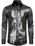 JOGAL Mens Dress Shirt Silver Sequins Long Sleeve Button Down 70s Disco Shirt Party Costume Medium Black