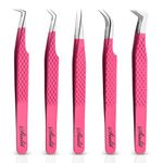 SIALIT Hand Crafted Fiber Tip Lash Tweezers Set - 5 Pcs Stainless Steel Lash Extension Tweezers for Classic and Volume Lashes (Pink)