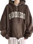 SOLY HUX Women's Letter Print Graphic Hoodies Drawstring Long Sleeve Pocket Pullover Oversized Sweatshirt, Coffee Brown Letter, Large