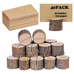 Place Card Holders, Rustic Real Wood with Wooden Bark Table Card Holder, Number Photo Stand Place Name Memo Card Holder for Wedding Party (20 Holders+20 Kraft Paper)