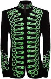 PYJTRL Mens Stylish Court Prince Black Velvet Gold Embroidery Blazer Suit Jacket (Green, S)
